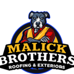 Malick Brothers Exteriors logo featuring a strong dog mascot and bold text, representing roofing and exterior services in Pennsylvania.