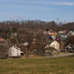 Houses in a neighborhood with trees, highlighting potential wildlife entry points relevant to roof protection strategies in Greenfield, Pittsburgh.