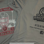 Malick Brothers Exteriors promotional shirt featuring North Hills Indians logo and contact information, emphasizing community involvement and support for local sports.