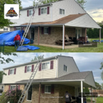 Roofing project by Malick Brothers Exteriors showcasing before and after images of a home in Pittsburgh, featuring a newly installed roof, ladder, and protective tarp.