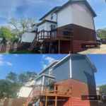 Before and after images of a home showcasing exterior renovations, highlighting new siding and enhanced curb appeal, emphasizing Malick Brothers Exteriors' expertise in home value-boosting renovations.