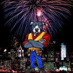 Cartoon dog character in construction attire with crossed arms, set against a backdrop of fireworks and a city skyline, symbolizing celebration and professionalism in roofing services.