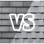 Image comparing 3-tab and architectural shingles, featuring textured roofing materials and "VS" text overlay, relevant to discussions on shingle roof types and replacement indicators.
