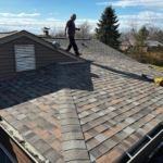 Person performing maintenance on a residential roof, showcasing shingles and a clear sky, emphasizing the importance of roof upkeep and safety.