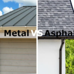 Metal roofing on the left and asphalt shingles on the right, showcasing the comparison between roofing materials in a residential setting.