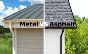 Metal roofing on the left and asphalt shingles on the right, contrasting roofing materials with greenery and blue sky in the background, highlighting durability and lifespan differences.