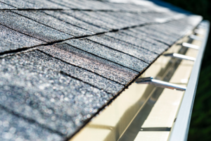Roof shingles and gutter system highlighting potential issues after snowstorms, relevant to identifying roof damage and drainage problems.