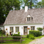 Charming farmhouse-style home with a textured shingle roof and white siding, surrounded by greenery and a rustic fence, exemplifying harmonious exterior design for enhanced curb appeal.