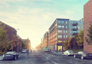 Urban street view featuring modern residential buildings, trees, and parked cars, illustrating potential rooftop spaces for walkable areas and recreational use.