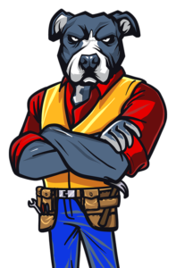 Cartoon dog character dressed in construction attire, symbolizing reliability and strength in roofing services, relevant to Malick Brothers Exteriors' commercial roofing guidance.