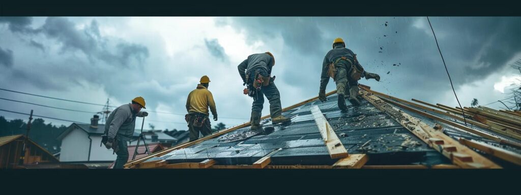 Construction workers installing roofing shingles on a residential roof under cloudy skies, emphasizing professional roofing services related to insurance claims in Pennsylvania.