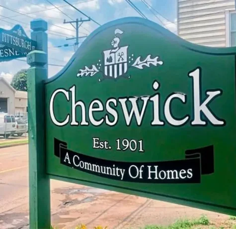 Cheswick Borough sign welcoming visitors to Cheswick, Pennsylvania. Featured on Malick Brothers Exteriors' Cheswick service area page, this image represents the local community where we provide expert roof repair, roof replacement, and roofing services.