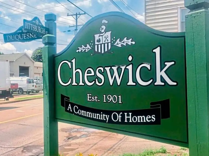 Cheswick Borough sign welcoming visitors to Cheswick, Pennsylvania. Featured on Malick Brothers Exteriors' Cheswick service area page, this image represents the local community where we provide expert roof repair, roof replacement, and roofing services.