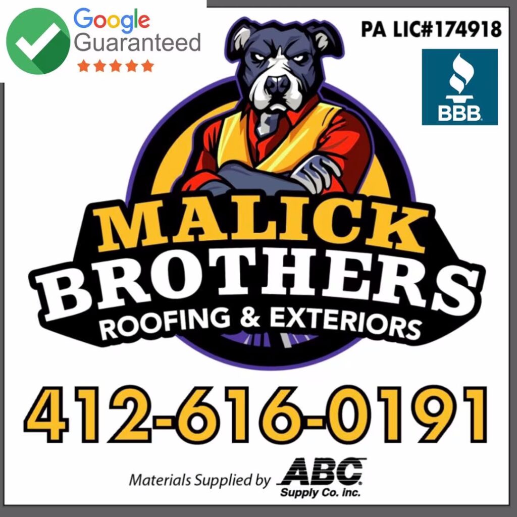 Malick Brothers Roofing & Exteriors logo featuring a dog mascot, contact number 412-616-0191, and affiliations with Google Guaranteed and BBB, symbolizing trust and quality in roofing services for Pittsburgh.