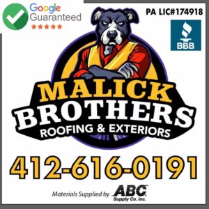 Malick Brothers Roofing & Exteriors logo featuring a strong dog mascot, contact number 412-616-0191, and certifications including Google Guaranteed and BBB, emphasizing commercial roofing services in Pittsburgh.
