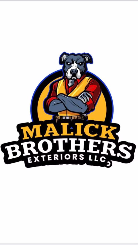 Malick Brothers Exteriors logo featuring a muscular dog mascot in a yellow and red outfit, symbolizing strength and reliability in roofing and siding services.