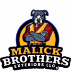 Malick Brothers Exteriors logo featuring a dog in a construction vest, symbolizing roofing and exterior solutions for Pittsburgh homes.