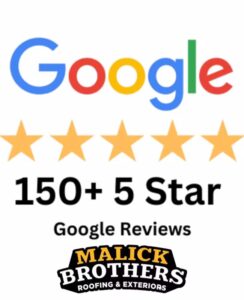 Google logo with five stars and text highlighting "150+ 5 Star Google Reviews" for Malick Brothers Roofing & Exteriors, emphasizing customer satisfaction and quality service in gutter installation and maintenance.