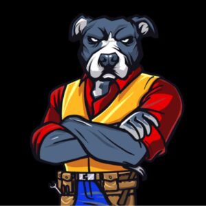 Cartoon illustration of a muscular dog wearing a construction vest and crossed arms, symbolizing strength and reliability in home exterior services.