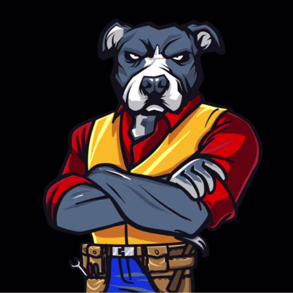 Illustration of a muscular dog character wearing a construction vest and tools, symbolizing strength and reliability in roofing and exterior solutions.