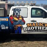 Malick Brothers Exteriors commercial roofing van with logo and mascot.