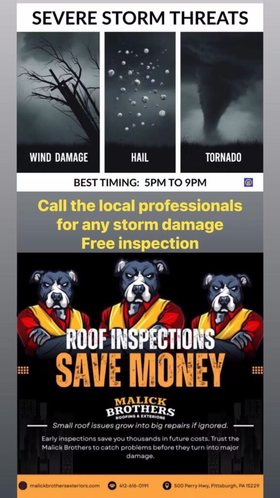 Severe storm threats graphic featuring wind damage, hail, and tornado warnings; promotional message for Malick Brothers Exteriors offering free roof inspections to prevent costly repairs.