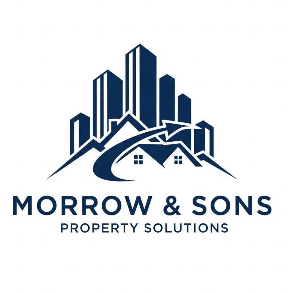 Morrow & Sons Property Solutions logo featuring stylized houses and skyscrapers, representing comprehensive property services in Pittsburgh.