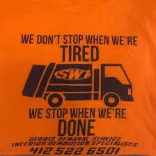 SWI debris removal service truck graphic with slogan "We don't stop when we're tired, we stop when we're done," highlighting reliable cleanup solutions in Pittsburgh.