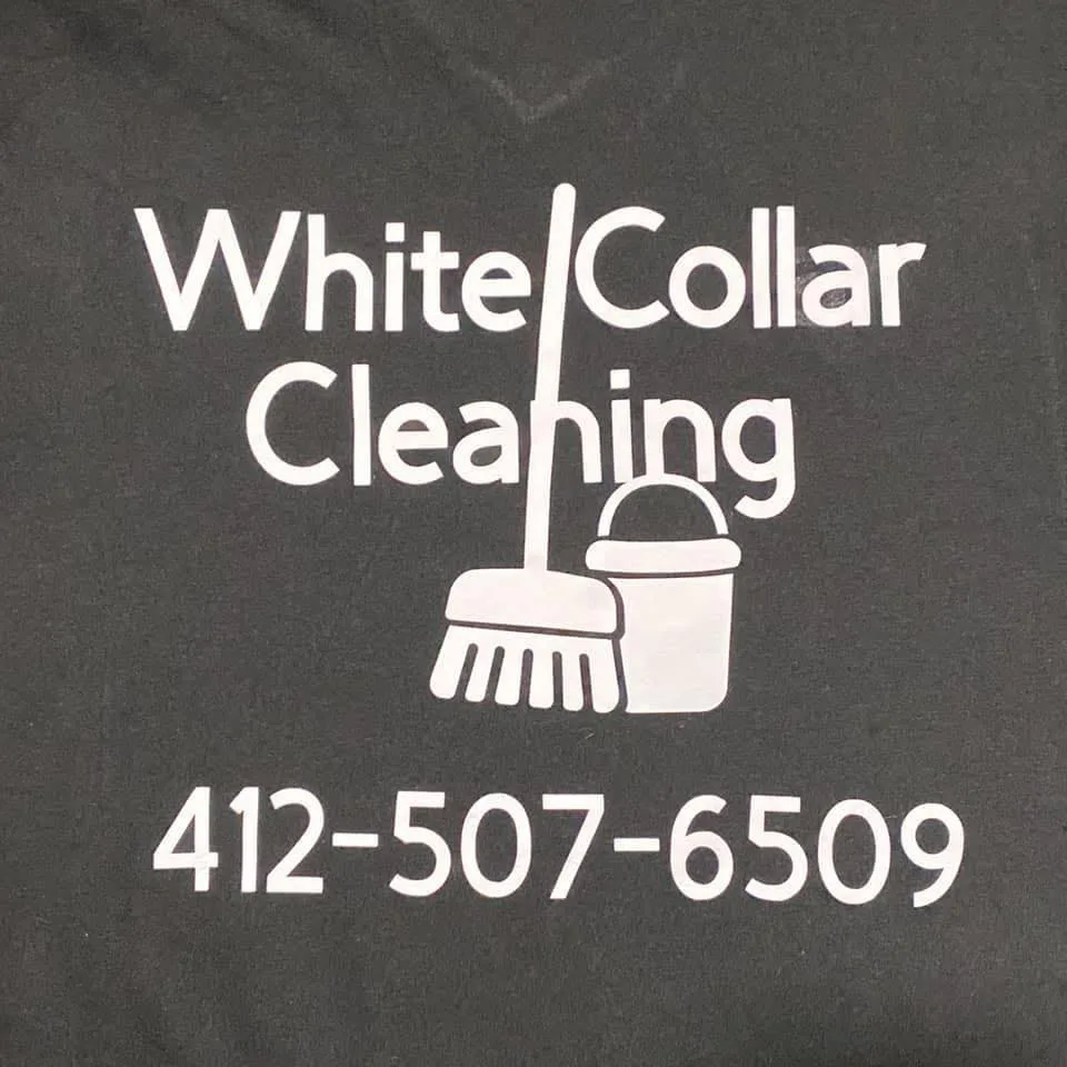 White Collar Cleaning logo featuring a broom and bucket with contact number 412-507-6509, representing professional cleaning services focused on residential and commercial spaces.