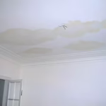Large water stains spreading across a white ceiling from a possible roof leak