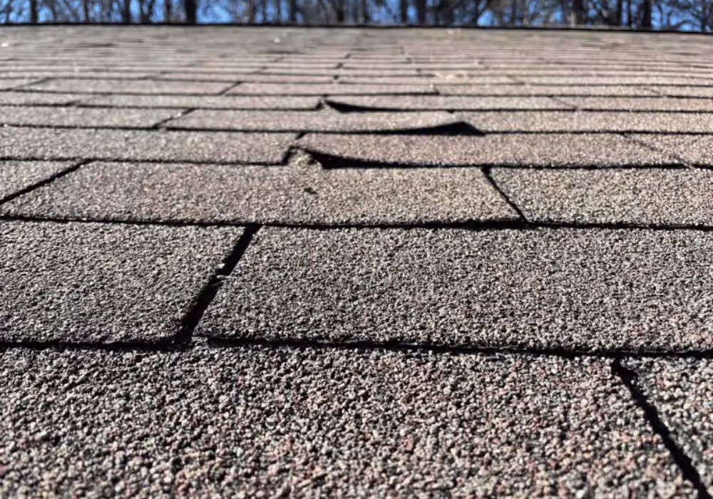 Lifted and buckled asphalt roof shingles showing signs of roof damage