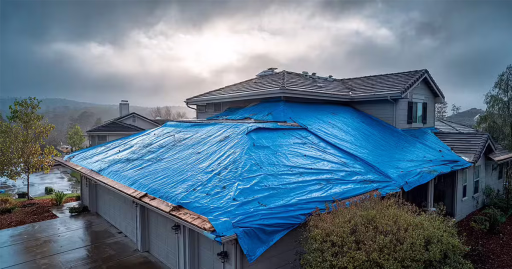 Blue emergency roof tarp covering a home during rainy weather