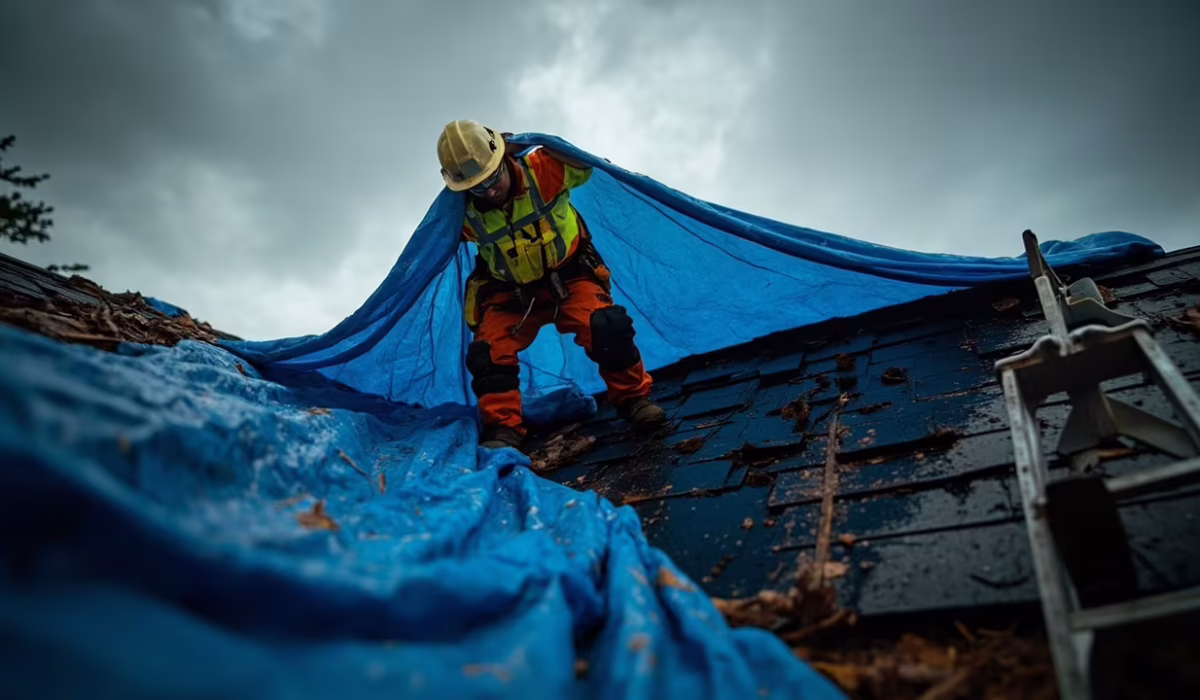 Roofer installing a blue tarp over a damaged shingle roof before stormy weather
