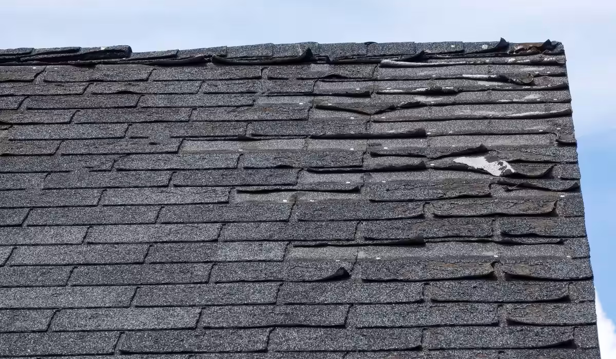 Severely damaged asphalt roof with curled, cracked, and deteriorated shingles