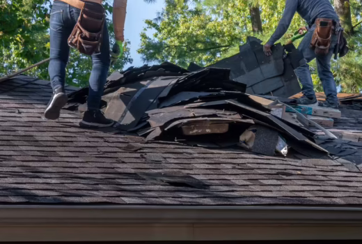 Roofing crew tearing off old asphalt shingles instead of roofing over existing shingles