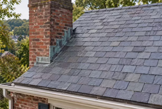 Brick chimney with copper step flashing and counterflashing on a slate roof surrounded by trees in Western Pennsylvania