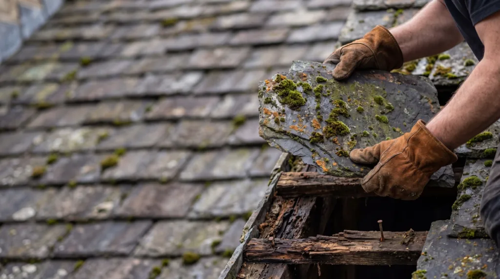 Roofer removing a broken slate from a slate roof