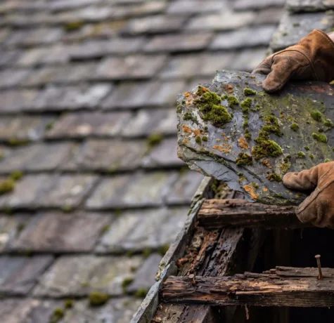 Roofer removing a broken slate from a slate roof