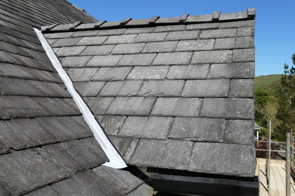 Slate roof valley with metal flashing